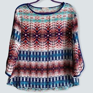 Renee C Boatneck Blouse, Bright Blue & Red 3/4 sleeves